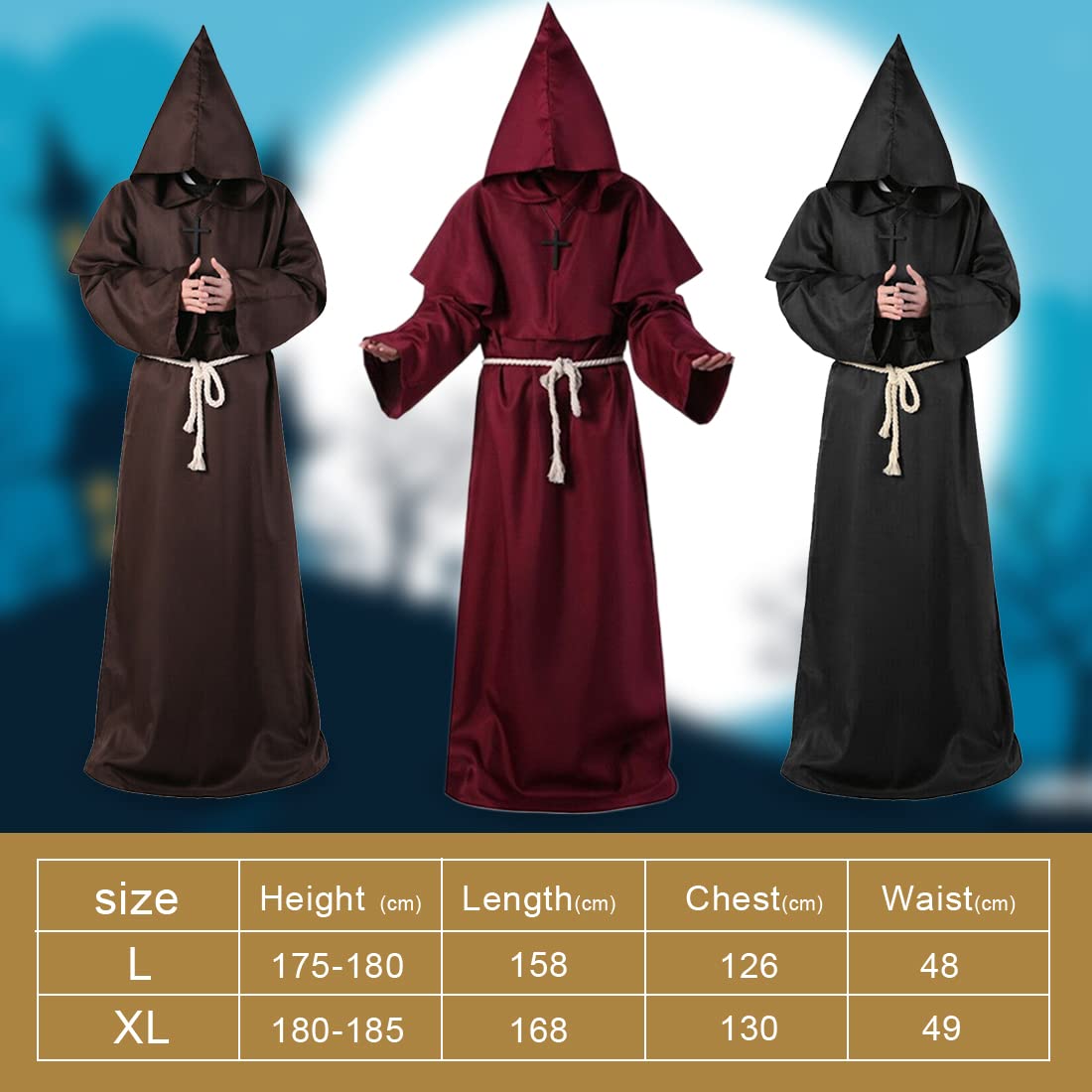 Wishstar Dekoracja na Halloween, średniowieczny renesans, mnich ze sznurkiem, męski prister z krzyżem na imprezę tematyczną, Halloween, Cosplay, karnawał i karnawał