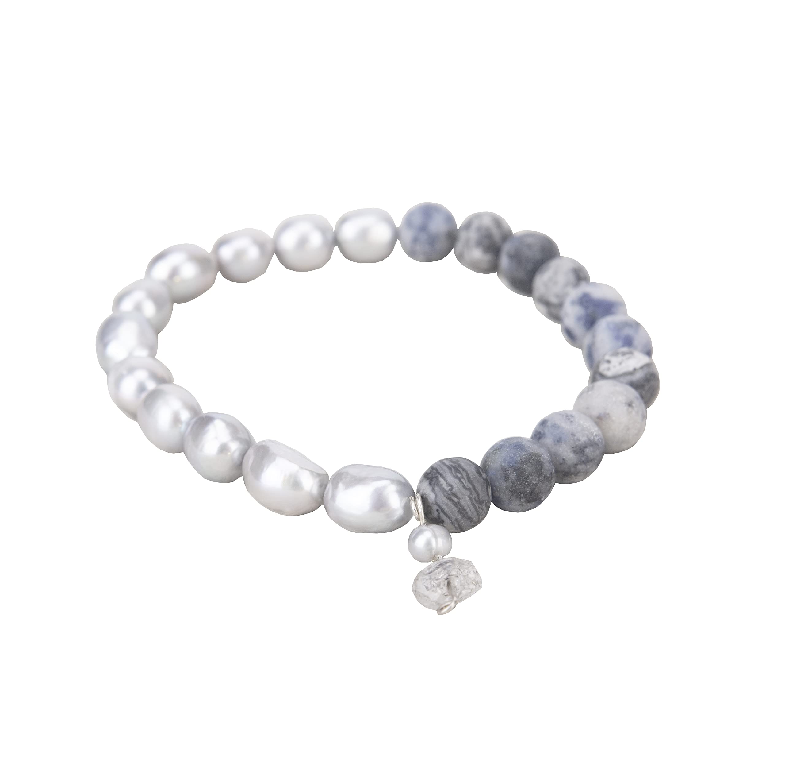 The Night Wanderer's Flute//Phantom Herkimer Dangle Charm 2 in 1 Single Wrap Stretch Bracelet Of Blue-vein Stone and Grey Pearl Beads, 9'' Length