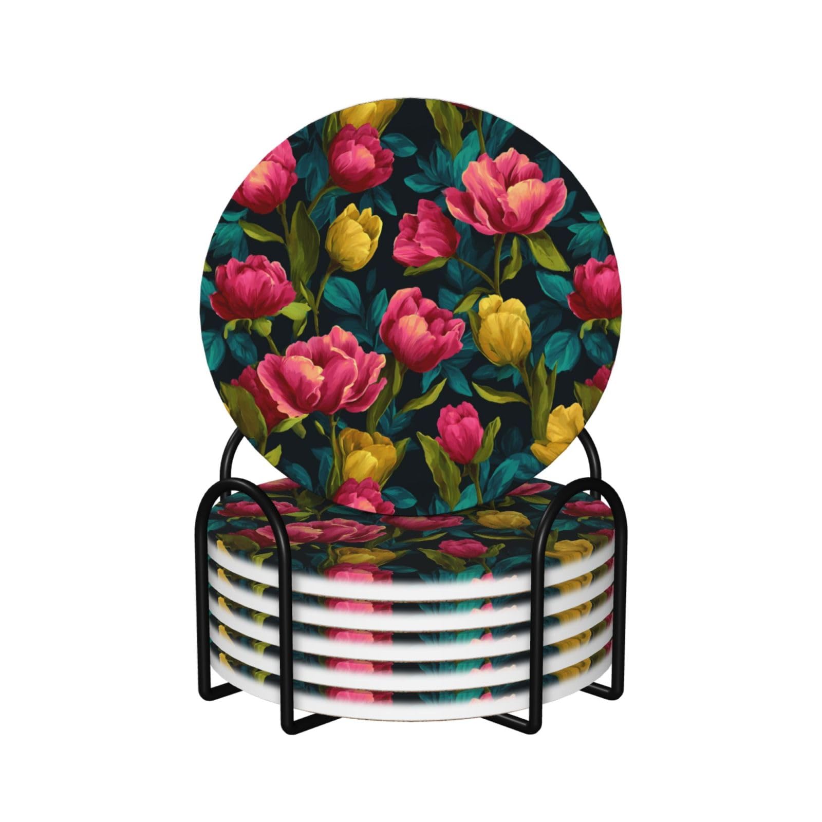 Tulip Flowers Yellow Roses Ceramic Coasters with Holder 6ps