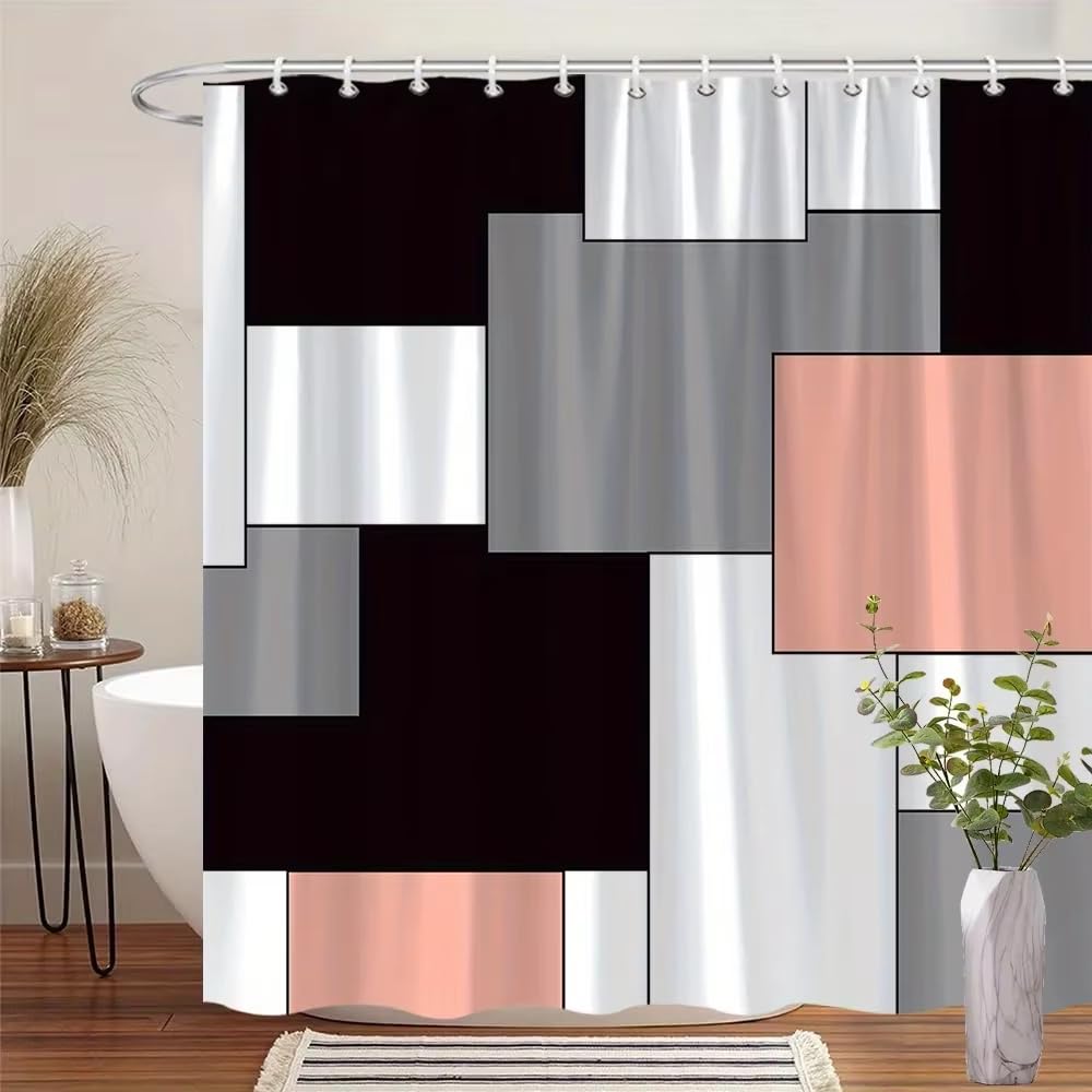 Moderne Duschvorhänge mit geometrischem, abstraktem Quadratmuster – Schwarz, Weiß, Grau, Pfirsichfarben, maschinenwaschbar, zeitgenössische Badezimmerdekoration (230 x 200 cm/B x H)