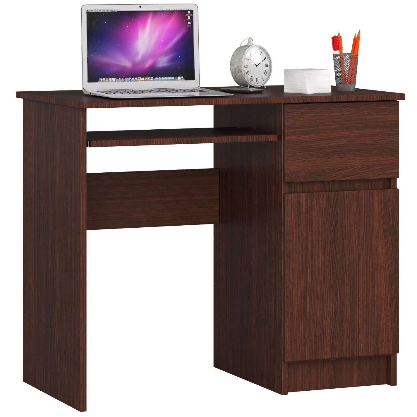 AKORD | Escritorio con Estante para Teclado | Escritorio de Oficina | Cajón y Contenedor en el Lado Derecho | para Computadora PC Portátil | 90x77x50 cm | 30 kg Wengé
