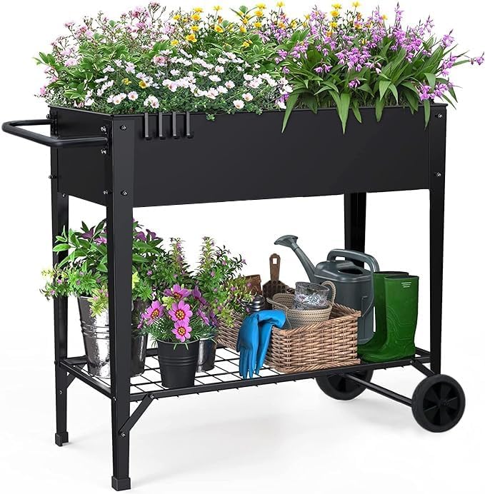 Highpro Raised Garden Bed with Wheels and Legs for Outdoor Use, Mobile Elevated Planter Cart for Vegetable Herbs Flowers Potted Plants, Black