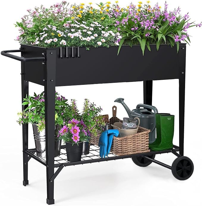 Highpro Raised Garden Bed with Wheels and Legs for Outdoor Use, Mobile Elevated Planter Cart for Vegetable Herbs Flowers Potted Plants, Black