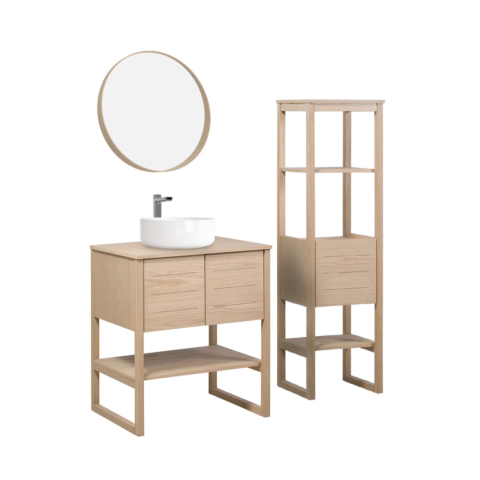 Mueble de baño de roble de 70 cm con columna + espejo redondo de 60 cm + Lavabo redondo 37 cm
