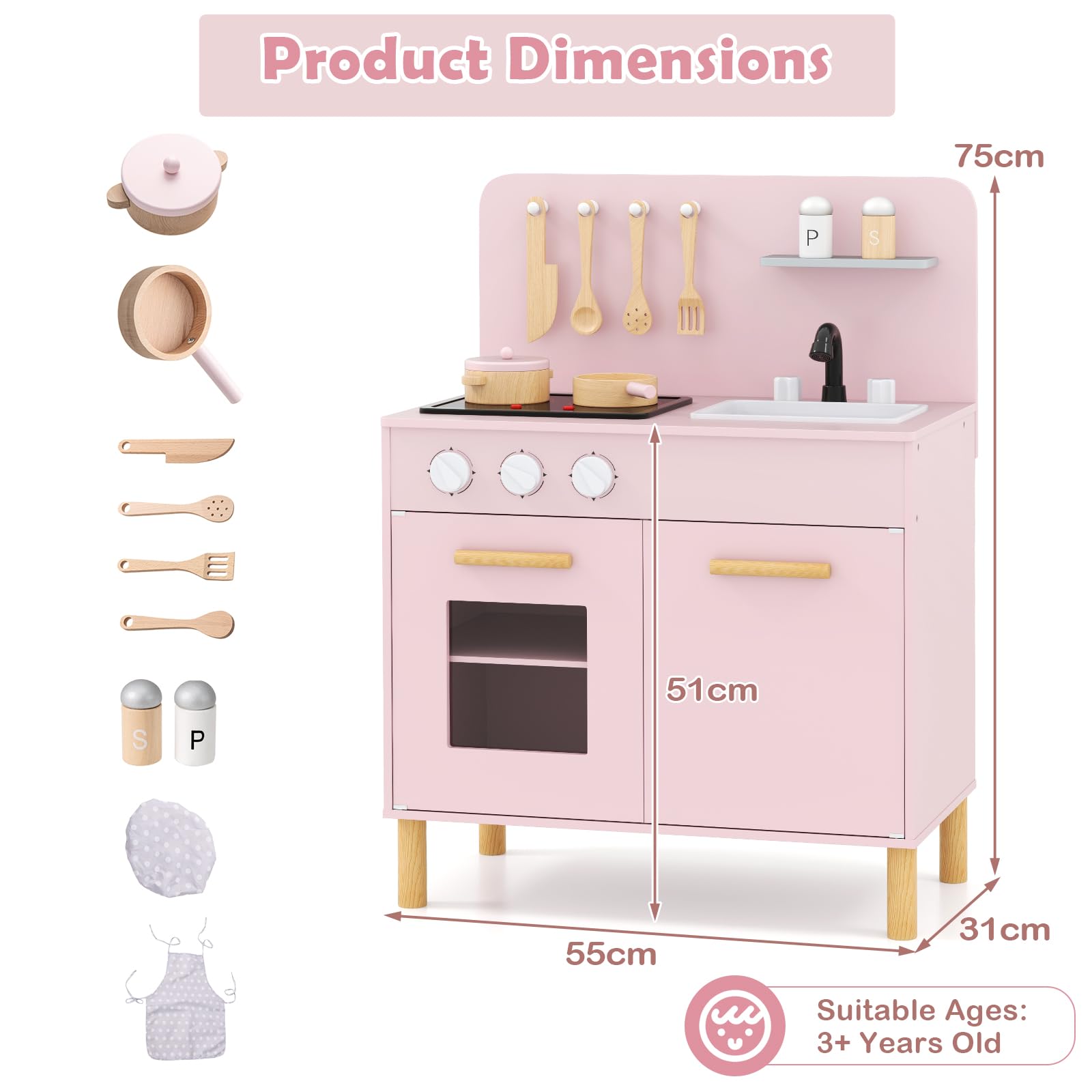 HOMASIS Cuisine pour Enfant en Bois, Ensemble de Cuisine avec Effets de Lumière et de Son Cuisinière, Évier, Étagères de Rangement, Four, Ustensiles pour Enfants de 3 Ans + (Rose)