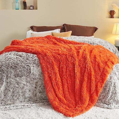 GONAAP Fuzzy Faux Fur Throw Blanket Queen Size Orange Super Soft Cozy Plush Fuzzy Shaggy Blanket for Couch Sofa Bed (Orange, Queen(90"x90"))