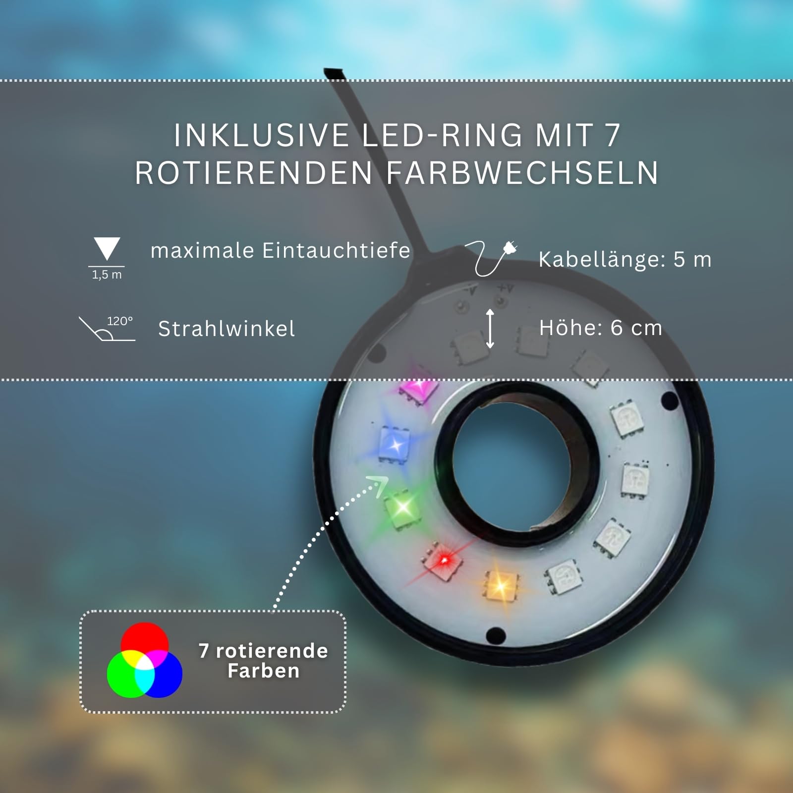 MAUK® LED Springbrunnen | Teichpumpen Set 25W mit Farbwechsel-Ring | 1500 L/h Wasserspiel für Garten & Teich – 1,80m Fontäne, 3 Düsenaufsätze, 360° Rotation & 25° verstellbar, Schutzart IPX8