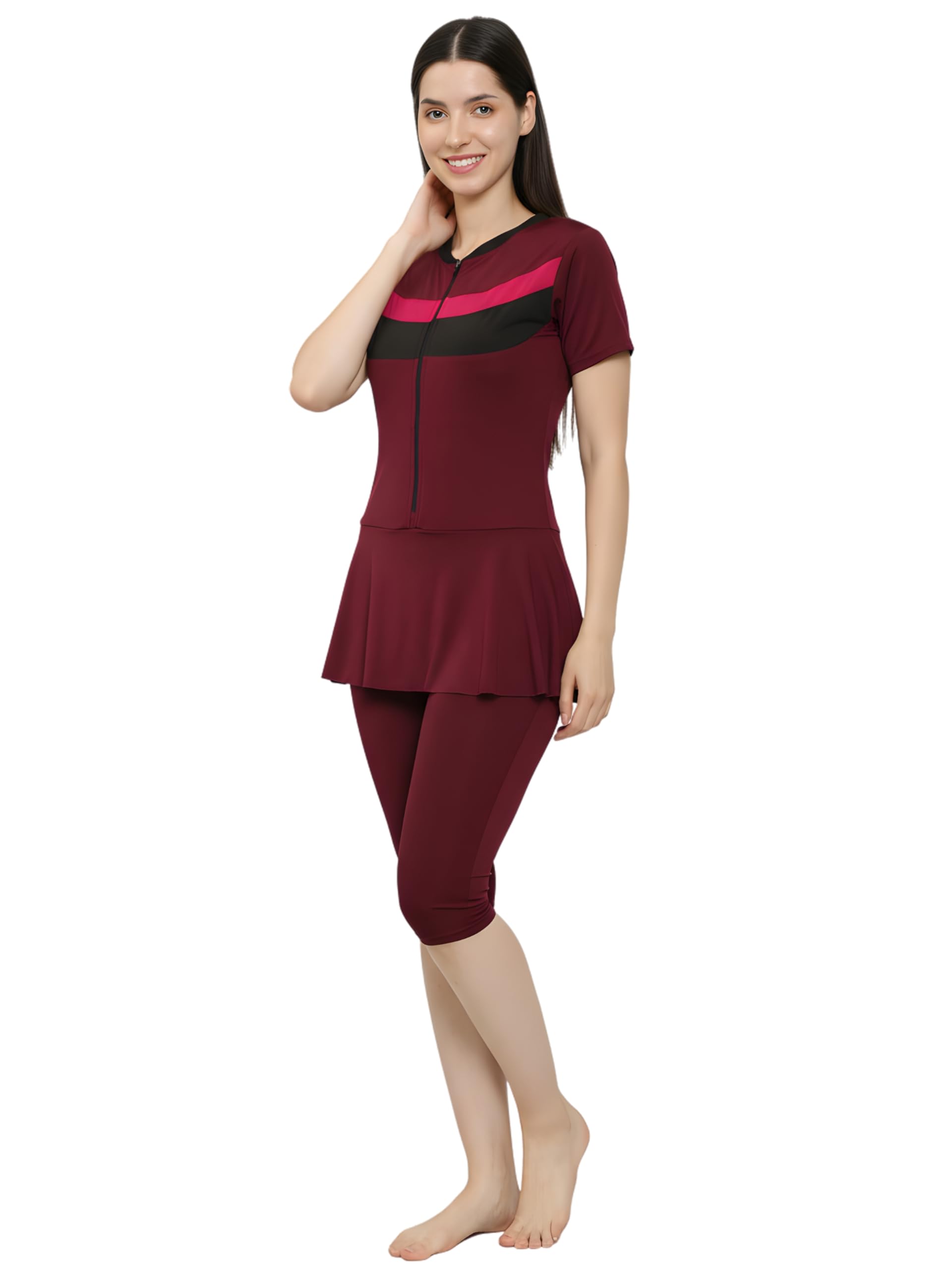 Women Color Block Knee Length One Piece Swimsuit with Removable Chest Pads Front Zipper Frock Style Design Swimming Costume