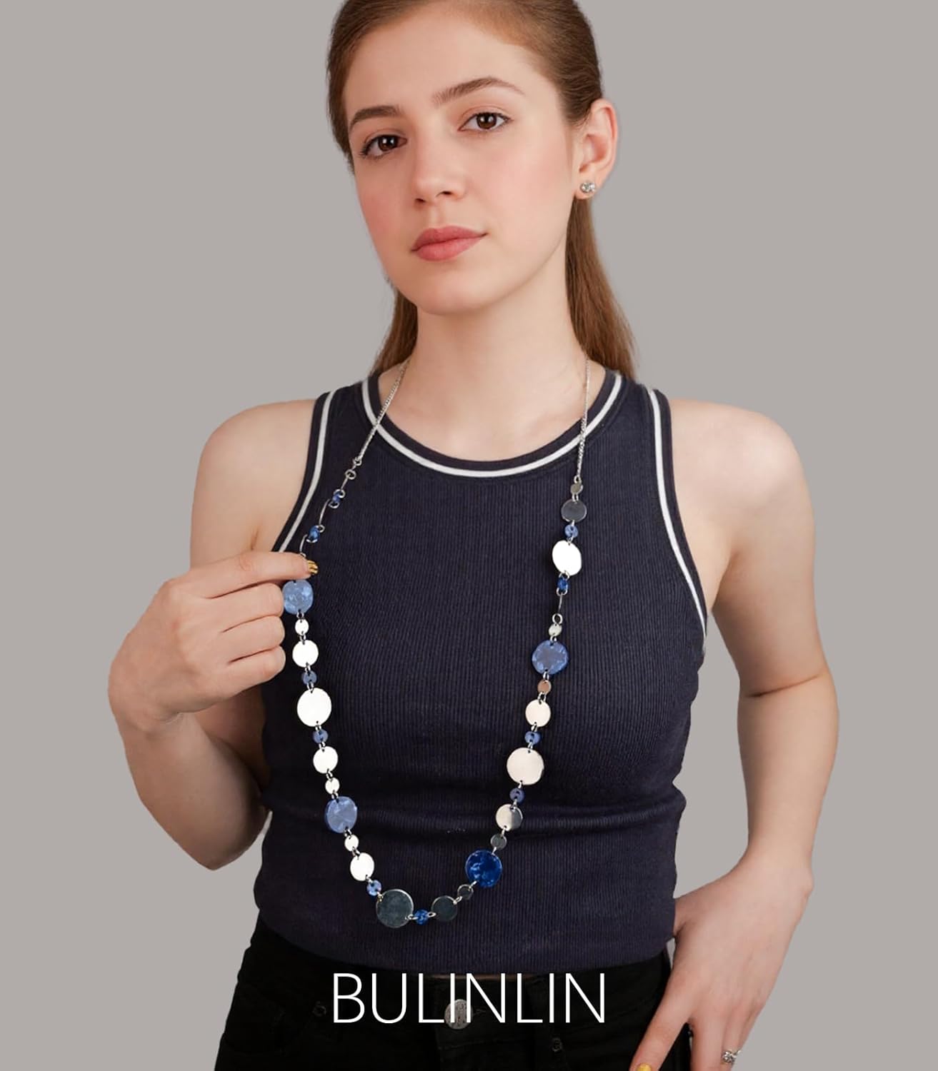 BULINLIN Layered Silver Long Necklace for Women Turquoise Stone Beaded Strand Sweater Chain Necklaces Fashion Costume Jewelry Gifts for Mom - Image 3