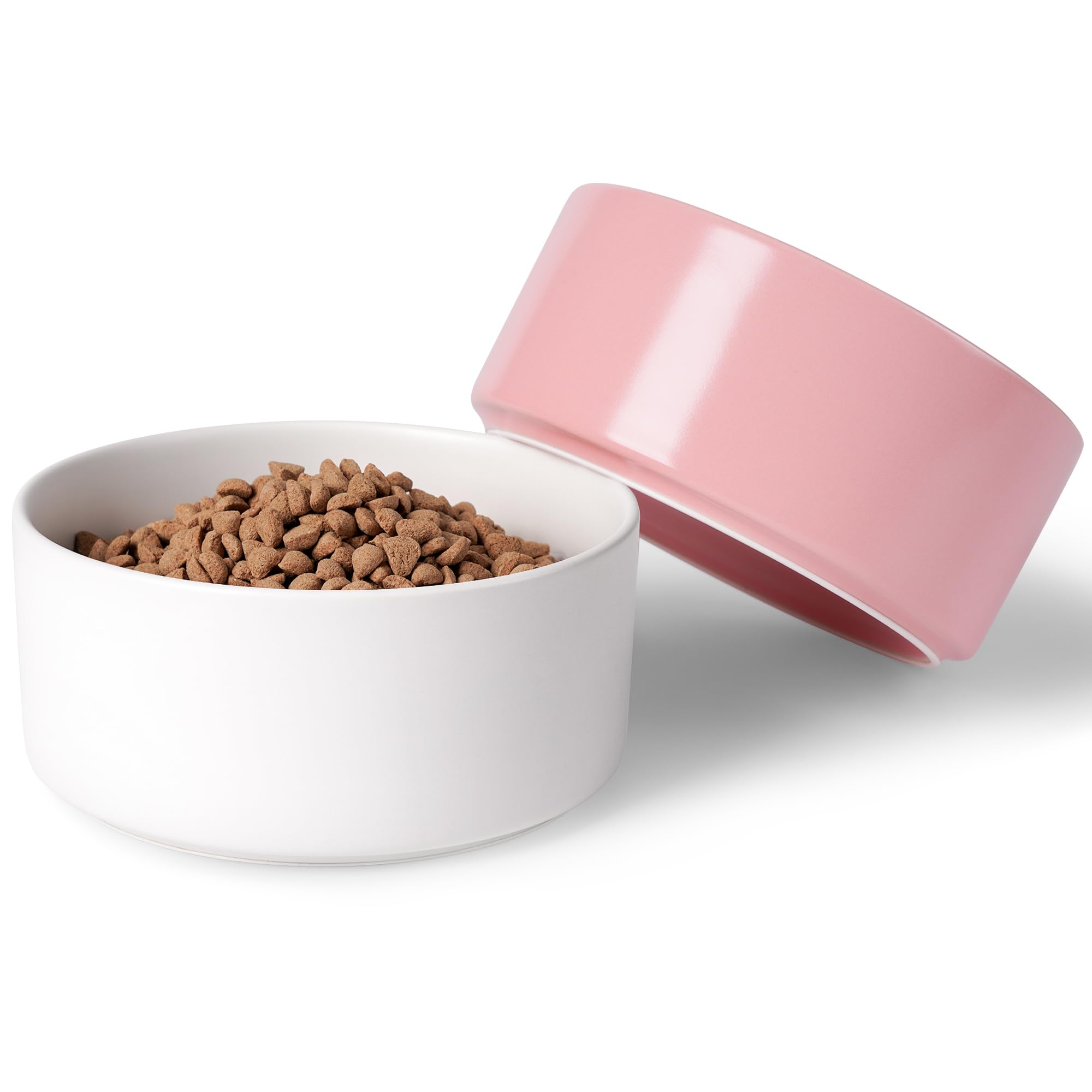 Dog Bowls, Non Slip Ceramic Dog Food and Water Bowl with Silicone Base, Heavy Pet Feeding Bowl for Puppies, Small and Medium Dogs (White+Pink, 6 Inches) — image 1