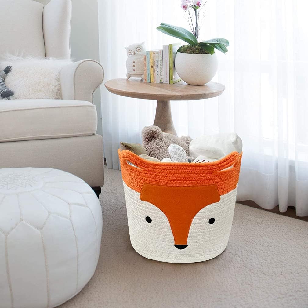 Cotton Rope Laundry Basket, Orange Fox Foldable Storage Baskets Cute Animal Laundry Hamper Toy Basket with Handles for Kids Clothes Room Décor
