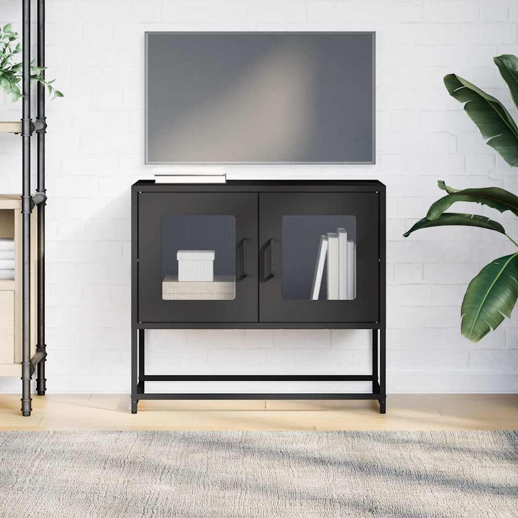 Szafka TV czarna ze stali walcowanej na zimno 68 x 39 x 60,5 cm, z miejscem do przechowywania i uchwytami, metalowe nóżki, uniwersalny kredens do salonu, sypialni, biura i kina domowego