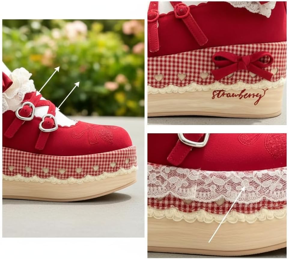 Women's Pastoral Lolita PU Leather Mary Jane Platform Shoes, Heart Buckle Cross Straps Embroidered Comfort Wedge
