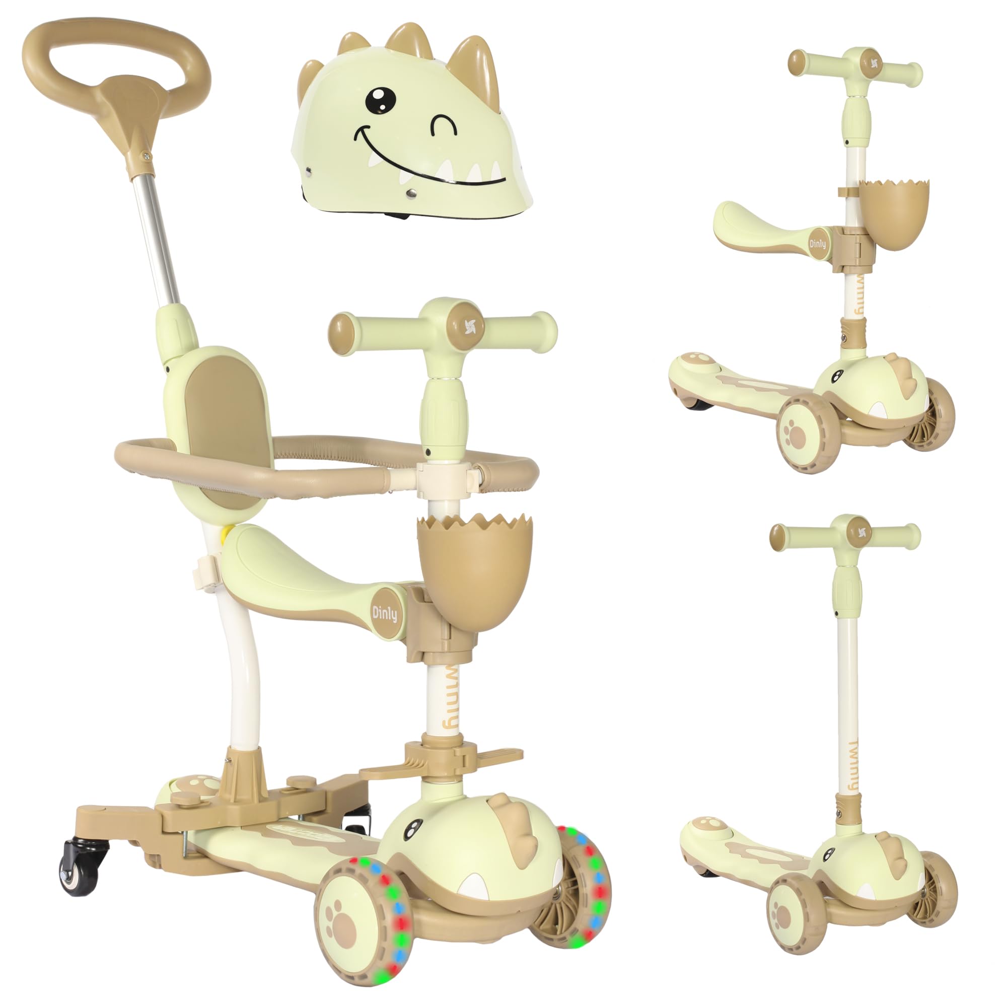 3 in 1 DINLY Evolutionary Scooter with Seat and Adjustable Handlebars | Tricycle, Ride and LED Scooter for Children, Balance Bike, Helmet Included, 1-6 Years, Up to 30 kg (Green)