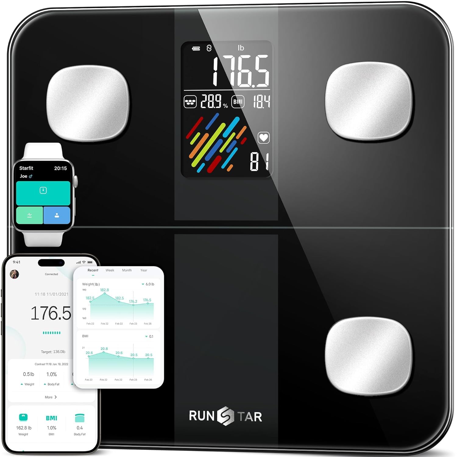 RunStar Bilancia Pesapersone Digitale Runstar, Bilancia Smart Peso Corporeo/Percentuale Grasso, Ampio Display BMI, FC, Analizza 15 Dati Composizione Corporea, Analyzer Sync Fitness App, 400lb