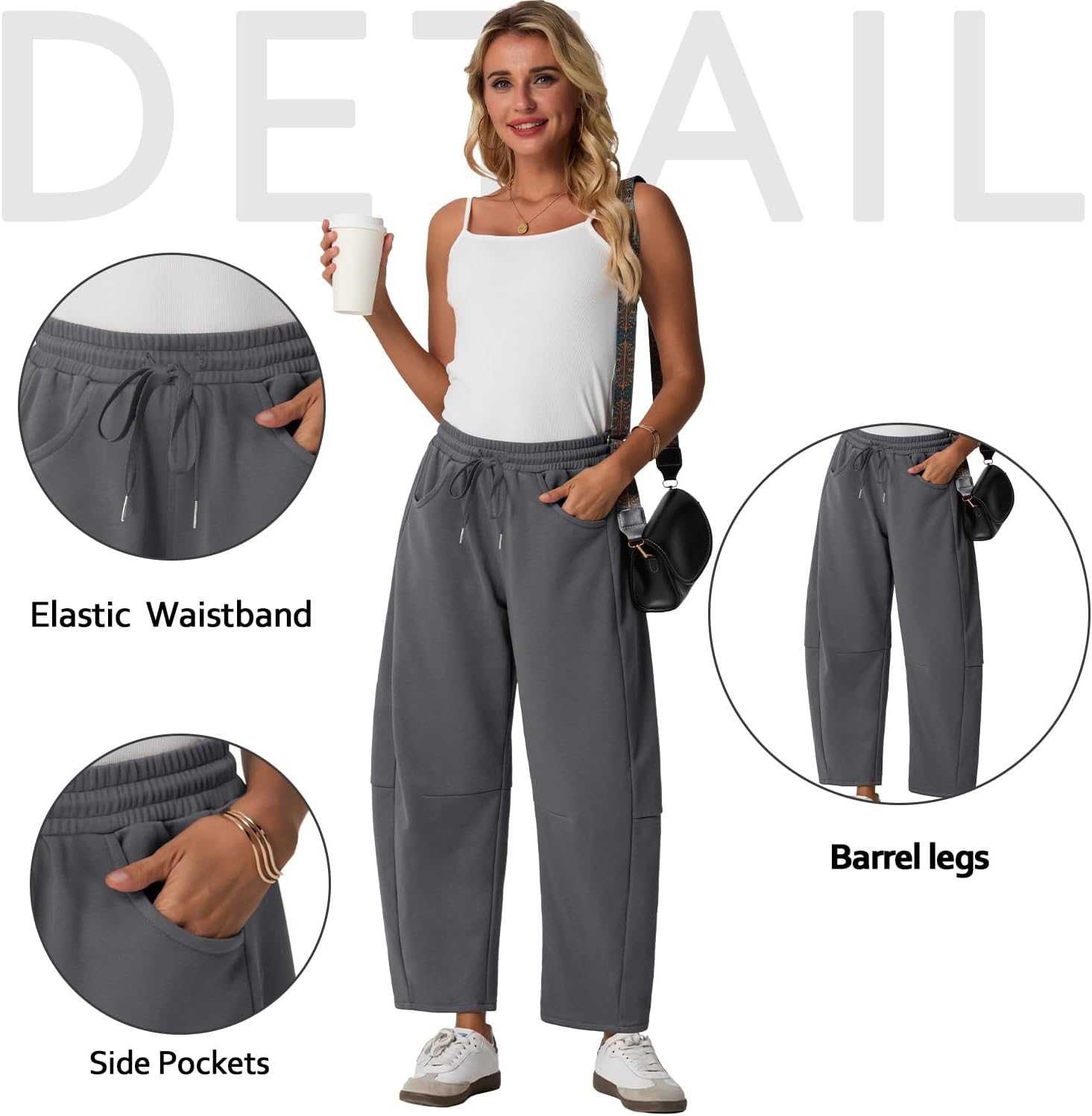 Lepunuo Barrel Sweatpants Women Casual Baggy Elastic Waisted Pants Wide Leg Gym Trousers with Pockets - Image 3