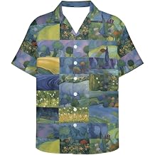 Mens Van Gogh Starry Night Stylish Print Button Down Short Sleeve Casual Spread Collar Beach Shirts