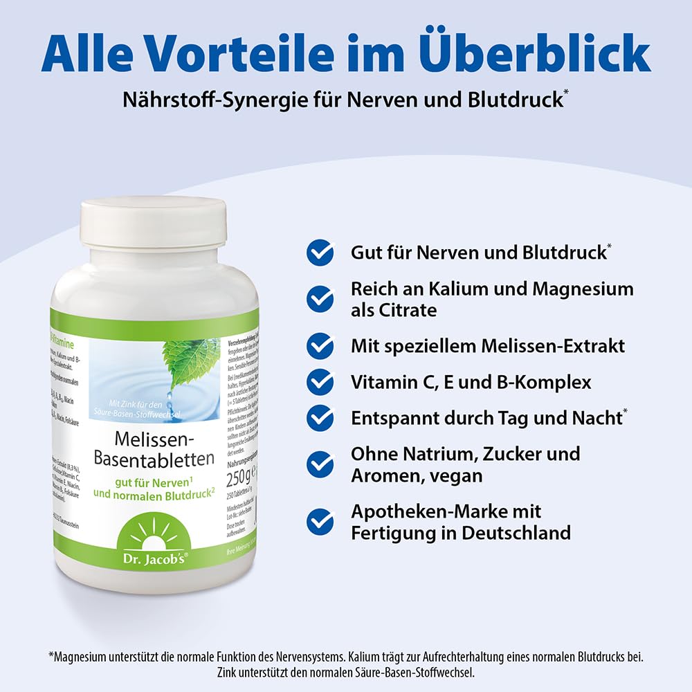 Dr. Jacob’s Melissen-Basentabletten I gut für Nerven & normalen Blutdruck* | Mit Melissenextrakt, Magnesium, Kalium, Zink, Citraten und 10 Vitaminen I für den Säure-Basen-Haushalt I 250 g(250 Tabletten)