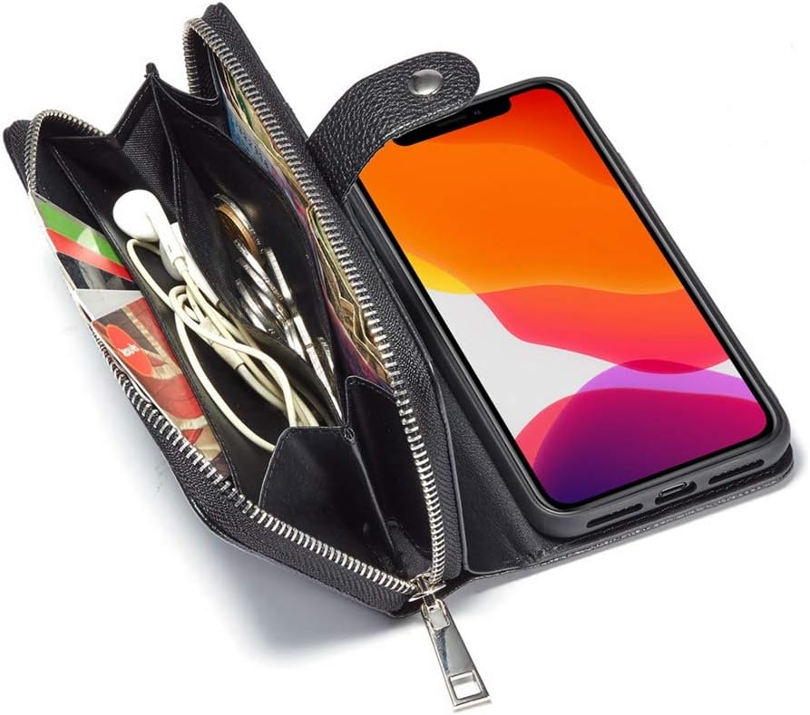 Hynice iPhone 11 Pro Max Wallet Case, Women PU Leather Magnetic Detachable Case with Zipper Pocket Removable Shockproof Slim Back Cover for iPhone 11 Pro Max 6.5 inch(Lichi-Black, iPhone 11 Pro Max)