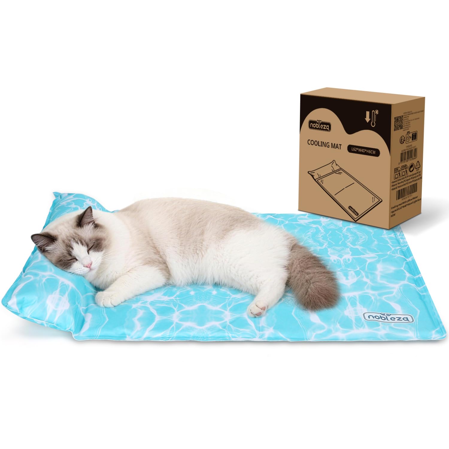 Nobleza Tappetino Refrigerante per Cane e Gatti, Design con 6cm Cuscino Cervicale Aggiunto, Gel Non Tossico e Auto-Rinfrescante, Tela Oxford 300D Resistente Tappeto Refrigerante, 62x40cm