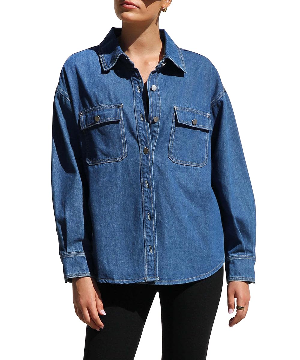 Las Mujeres botón Abajo Camisas de Mezclilla Azul Chambray Camisa Casual Cuello Blusa Manga Larga V Cuello Tops con Bolsillos