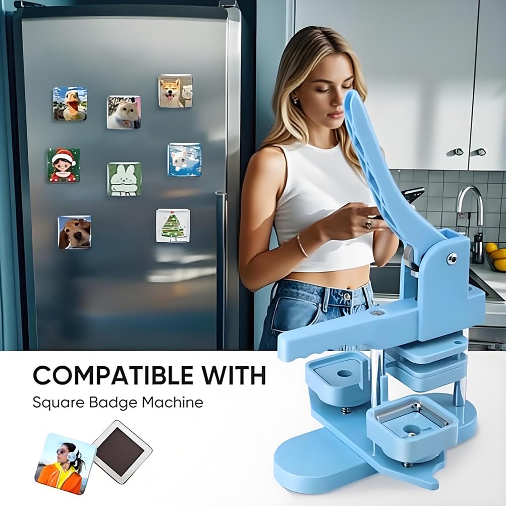 Máquina para hacer imanes cuadrados para refrigerador de 50 mm con suministros de 100 piezas, máquina para presionar botones de insignias de bricolaje para imanes, botones, alfileres personalizados