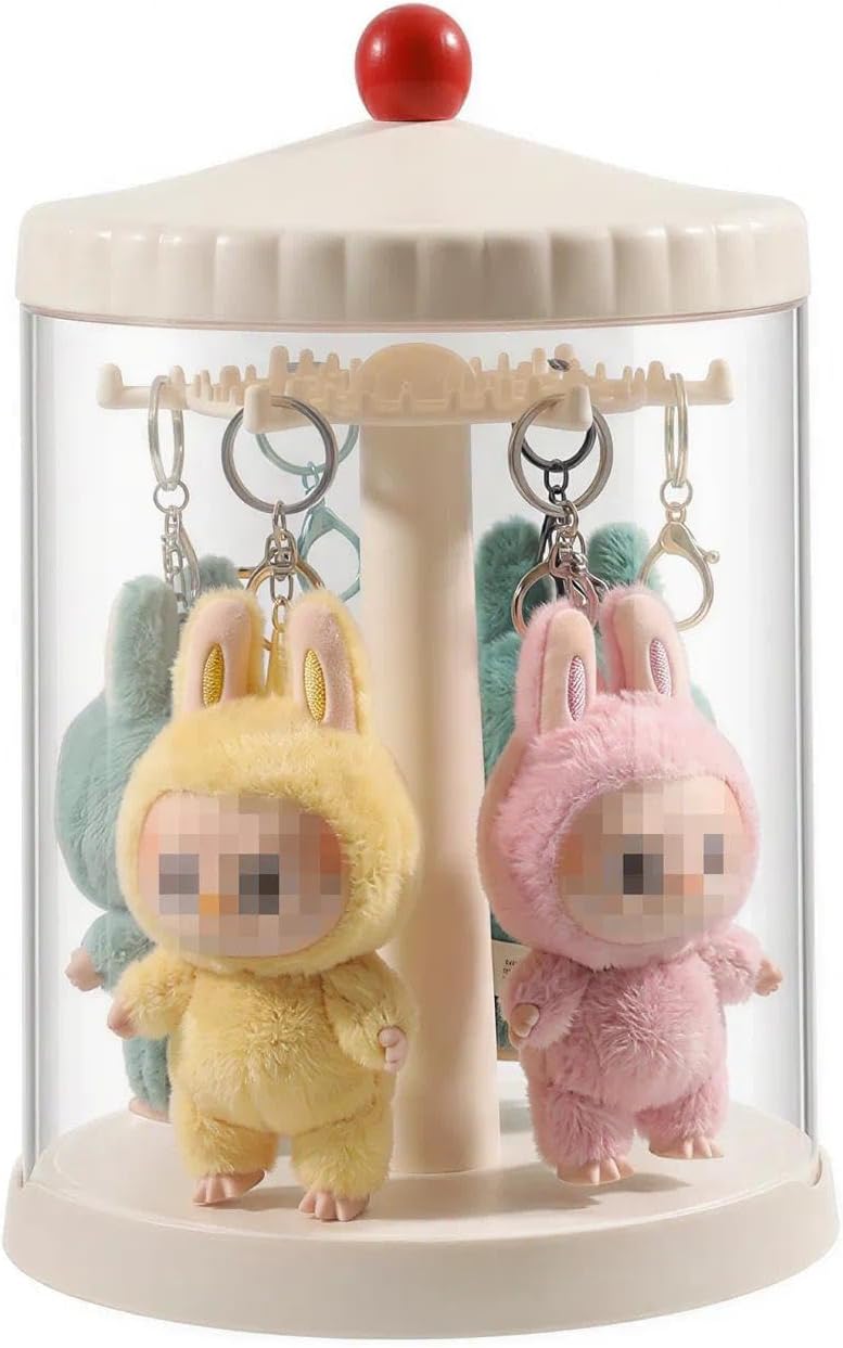 iobiotio Rotating Display Case Compatible with Labubu, Stackable Clear Blind Box Storage Organizer for 6.7" Doll, Dustproof Figure Showcase for Plush Keychain, Hanging Doll Holder for Desktop Decor