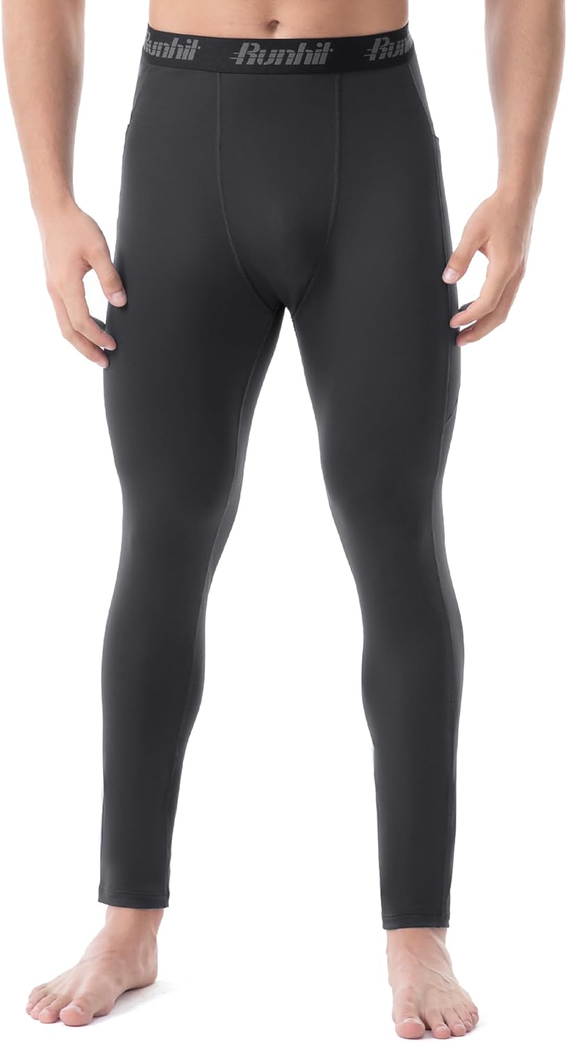 Runhit Men's Thermal Compression Pants with Pockets Base Layer for Cold Weather Wintergear Sports Running Leggings Tights - Image 2