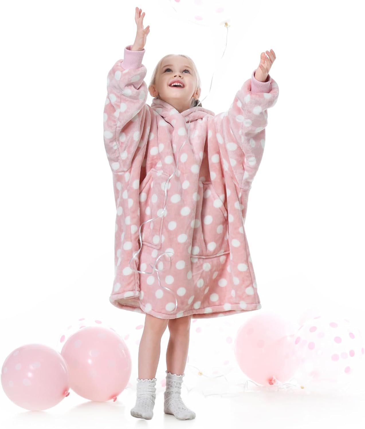 Aemicion Pink Polka Dot Wearable Blanket Hoodie for Girls 6-12, Kids Oversized Hooded Blanket with Sleeves, Soft Fleece & Sherpa Lounge Wear, Cute Birthday Christmas Gifts for Girls