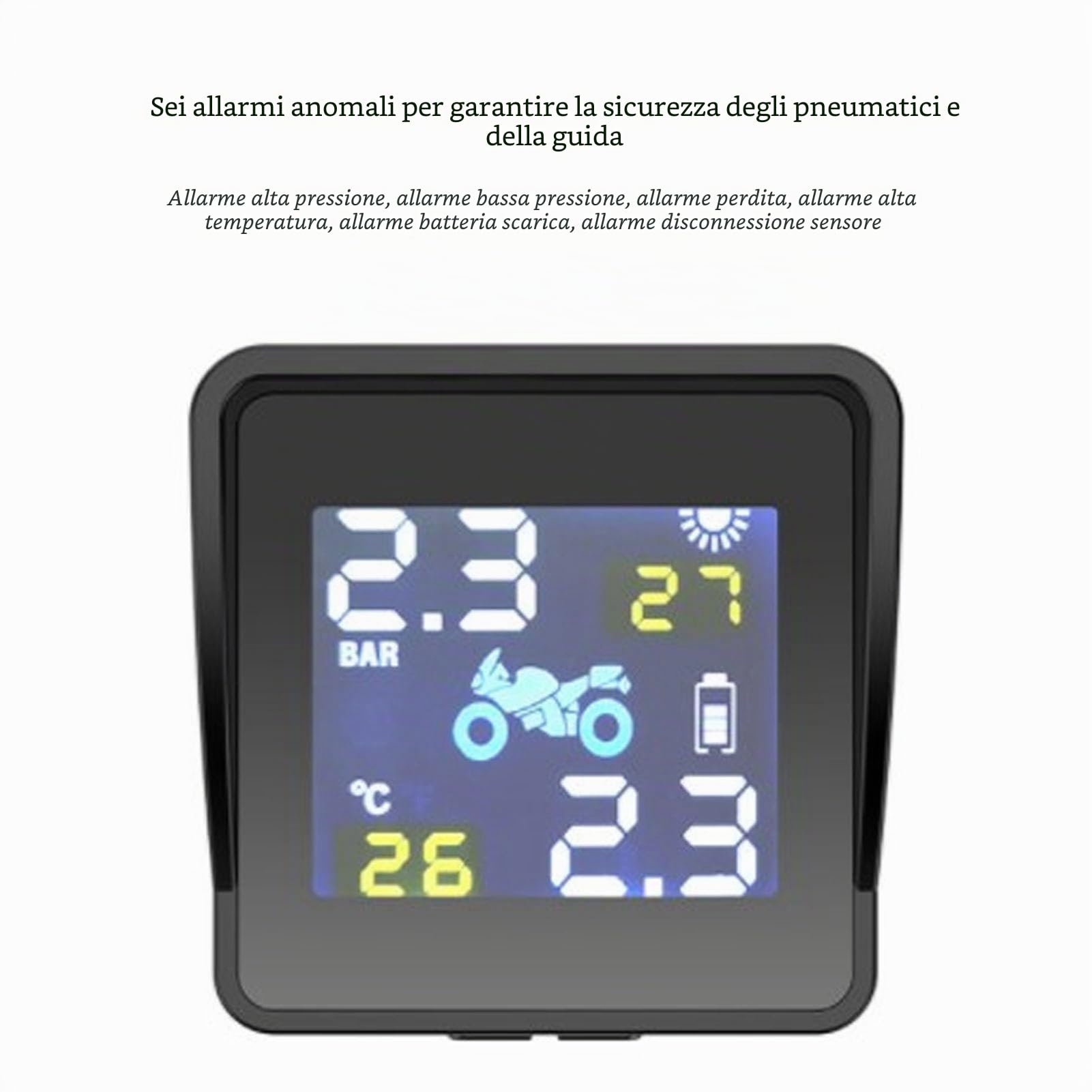 Monitor della Pressione dei Pneumatici Sisteme Solare di monitoraggio della Pressione dei Pneumatici Bluetooth TPMS con Display LCD e 2 sensori Esterni per Scooter Moto