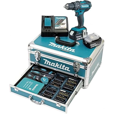 Makita DHP482RFX9 Akku-Schlagbohrschrauber 18V / 3,0 Ah, 2 Akkus + Ladegerät im Alukoffer + 96-tlg. Zubehör-Set Cover