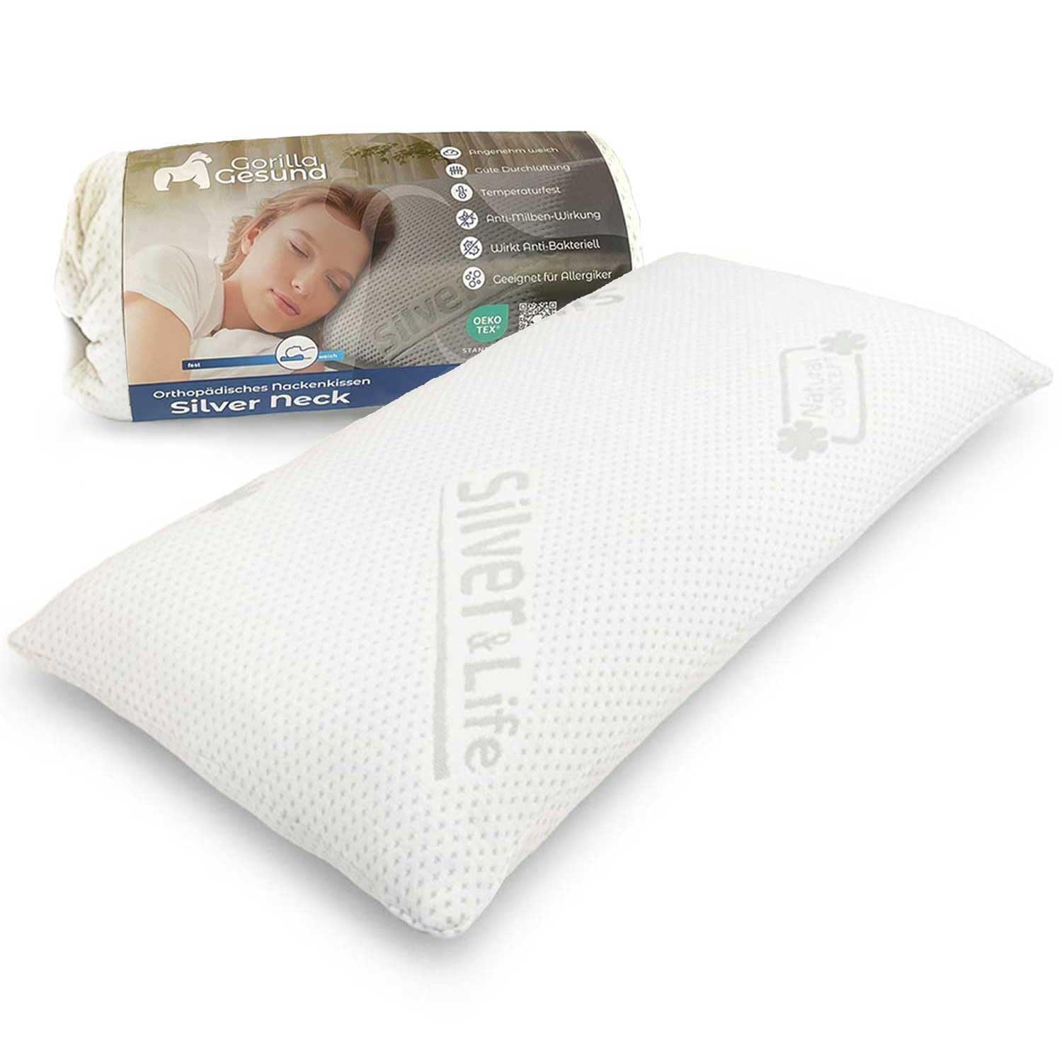 Cuscino ortopedico per cervicale, con collo argentato, cuscino viscoelastico, in memory foam con rivestimento Silver & Life, 70 x 34 cm, altezza 15 cm