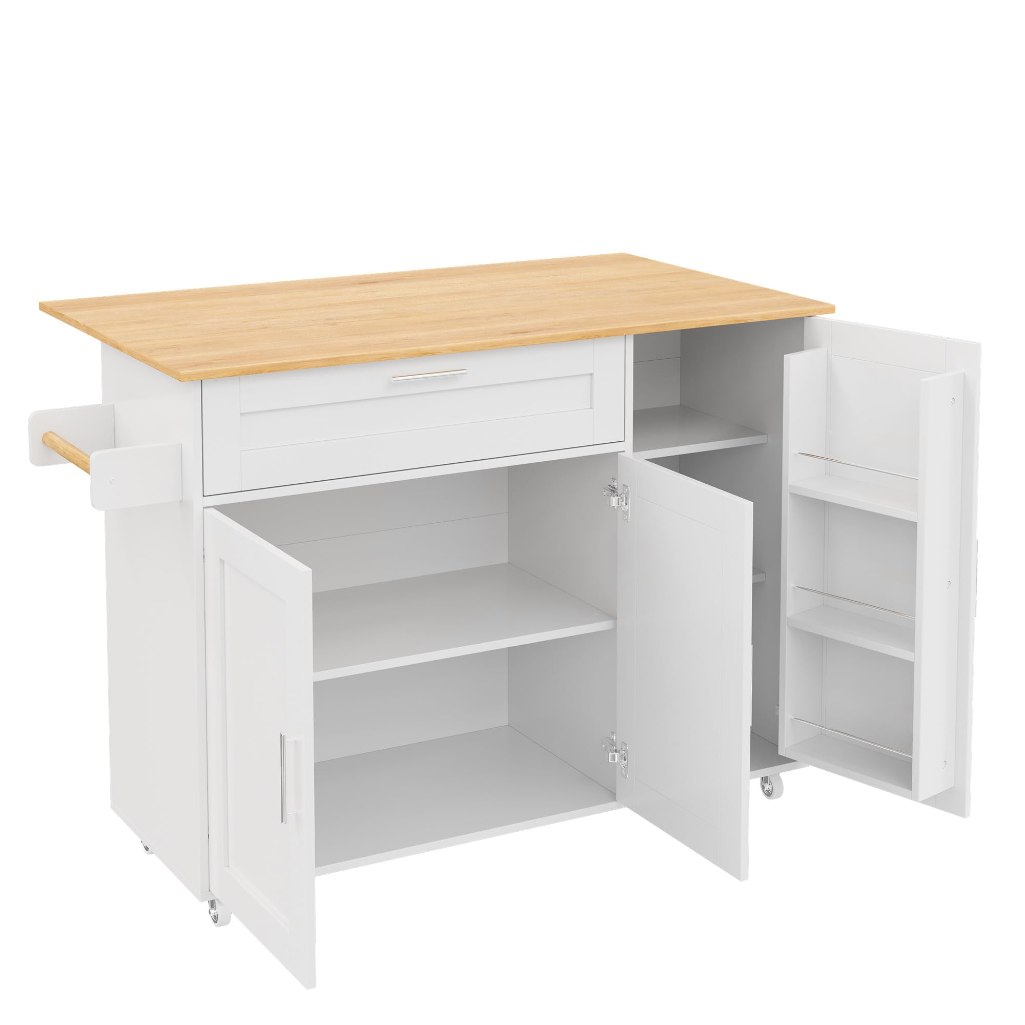 Carrello per isola da cucina con piano di lavoro pieghevole, armadio da cucina su ruote con cassetto e portaspezie e 3 ante, isola da cucina mobile, per cucina e sala da pranzo, 132,5 x 44 (70