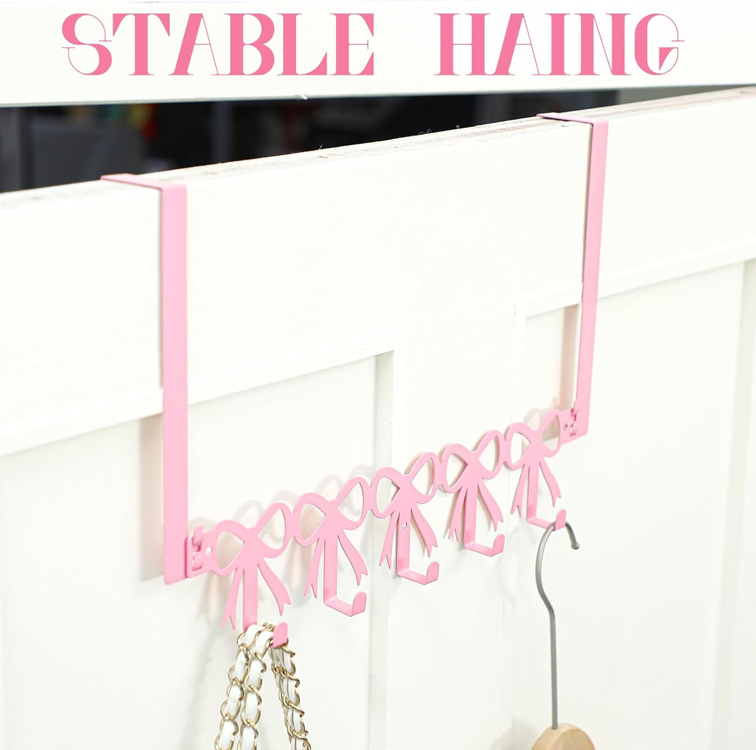 AceOrbit Pink Bow Over The Door Hooks Hanger Wall Mount Towel Hanger Door Holder Organizer 5 Hooks Kawaii Farmhouse Rustic Coquettish Style Decor for Bedroom Bathroom Towel Hat Clothes