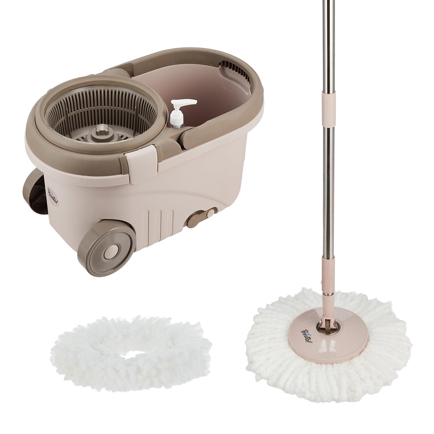 Amazon Brand – Presto! Clean Plastic Spin Mop | Durable Plastic Build with 2 Microfiber Refills | Big Wheels & Drag Handle | 360° Spin Mop with Telescopic Handle | Chestnut discount deal