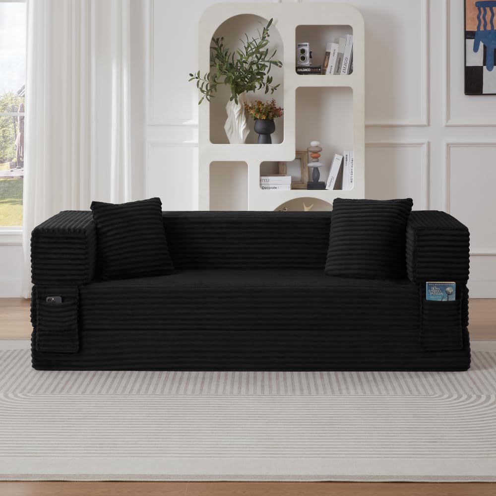 Sofá Cama Plegable de Pana, Sofá Convertible Moderno con Diseño Cuadrado Clásico y Estructura de Doble Capa, Mueble de Salón Multifuncional Convertible en Cama para Apartamento y Oficina (Negro)
