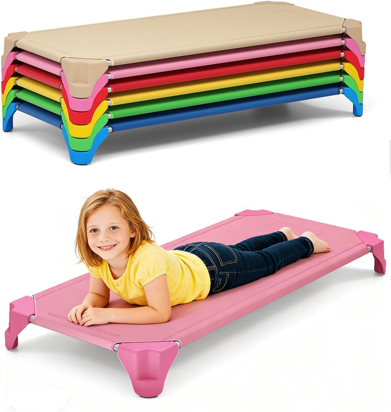 Kids Cots for Sleeping, Stackable Daycare Cots, Ready-To-Assemble, Space Saving Design, Heavy-Duty Toddler Beds for Preschool, Daycare, Home, Pack of 6 (Colorful, 52" L x 23.5" W x 5.5" H)