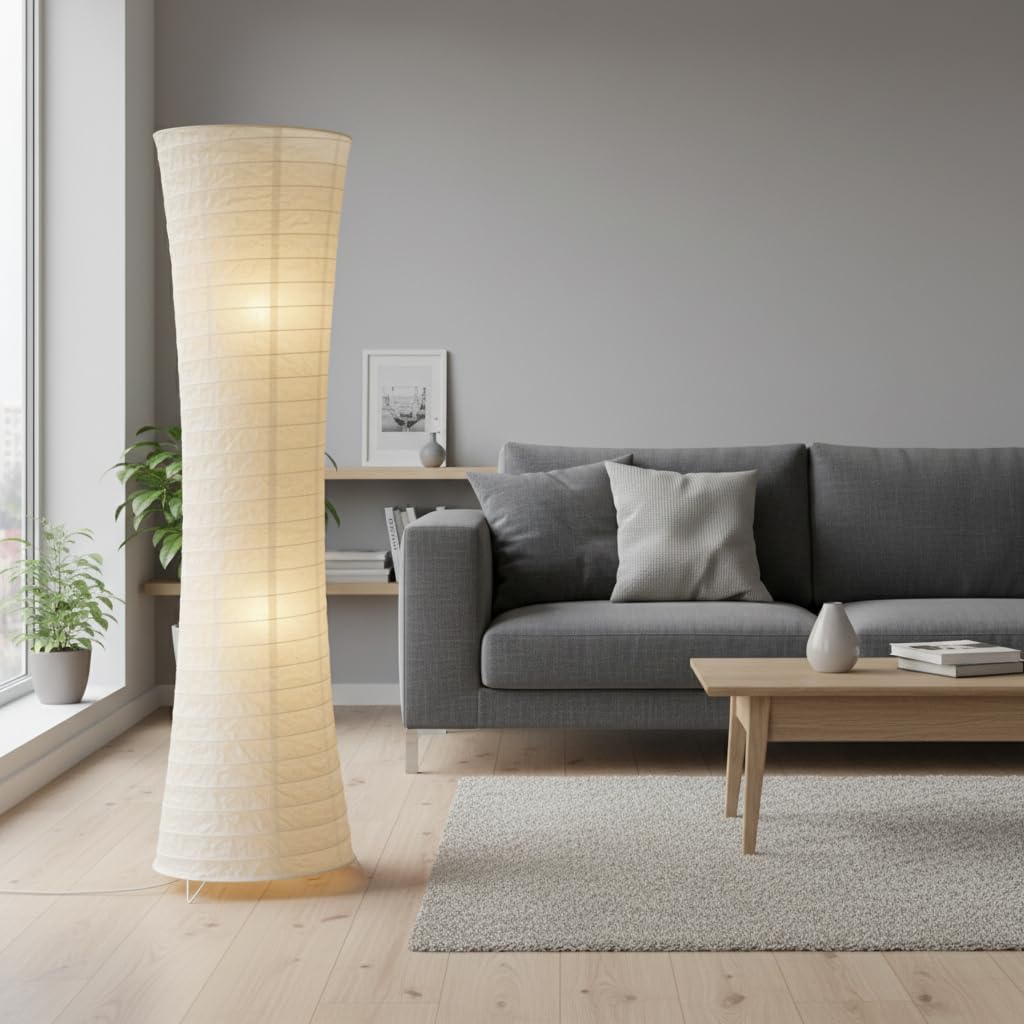 Trango Design Reispapier Stehlampe 1229L *SWISS* Reispapierlampe *HANDMADE* Stehleuchte mit weißem Lampenschirm inkl. 2x E14 LED Leuchtmittel, Form: Rund, Höhe: 125cm, Wohnraumlampe, Standlampe