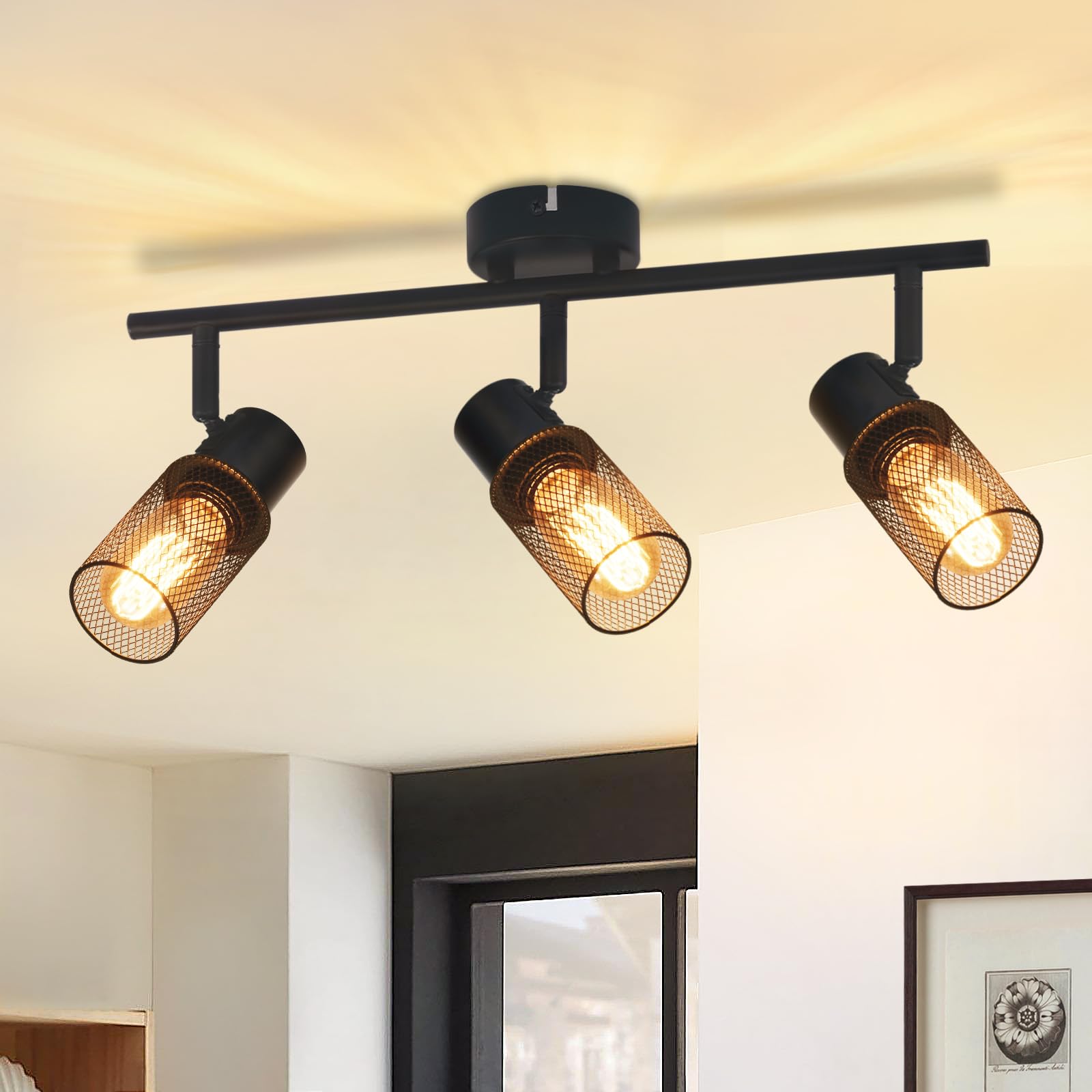 Glitzerlife Deckenleuchte Schwarz 3 Flammig Deckenstrahler - Deckenlampe Vintage E27 Schwenkbar 330°Spotleuchte Metall Schirm für Wohnzimmer Schlafzimmer Küche Kinderzimmer Max.25W Ohne Leuchtmittel