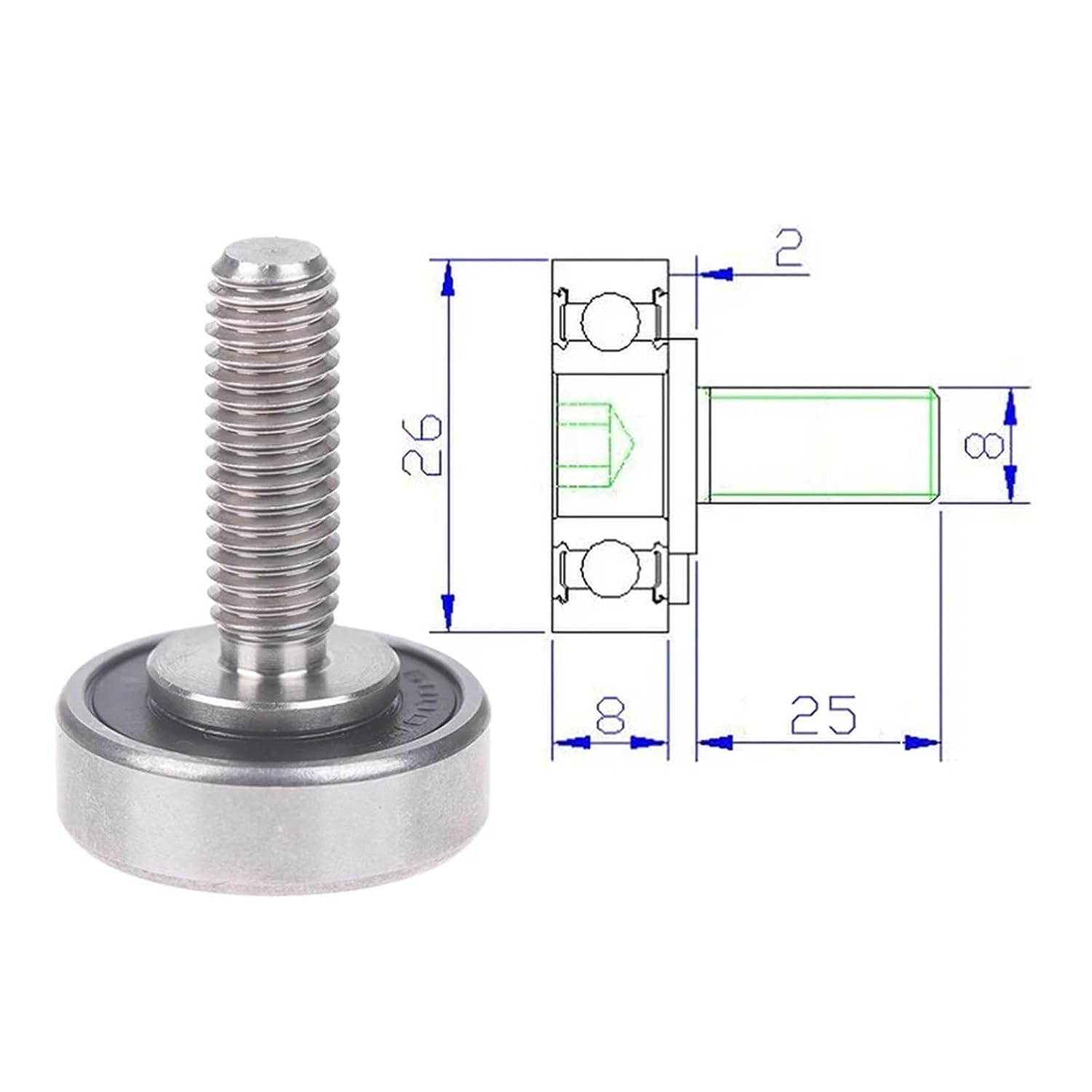OD 26mm Screw Roller Bearings with Stainelss Steel M8 Thread