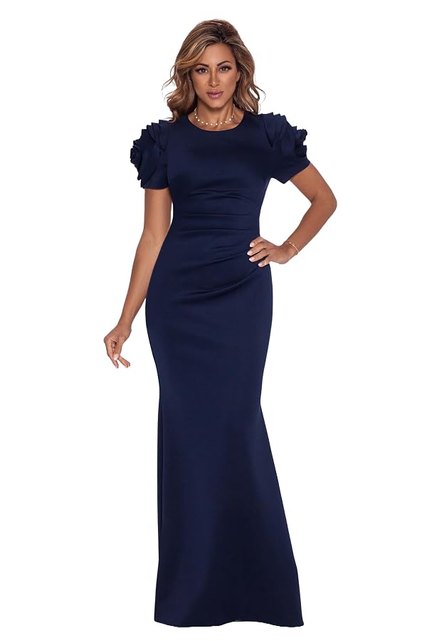 Xscape Women's Scuba Crew Neck Floral Sleeve Ruched Floor Length Dress, Midnight, 14 by Xscape - Used condition - US$267.24