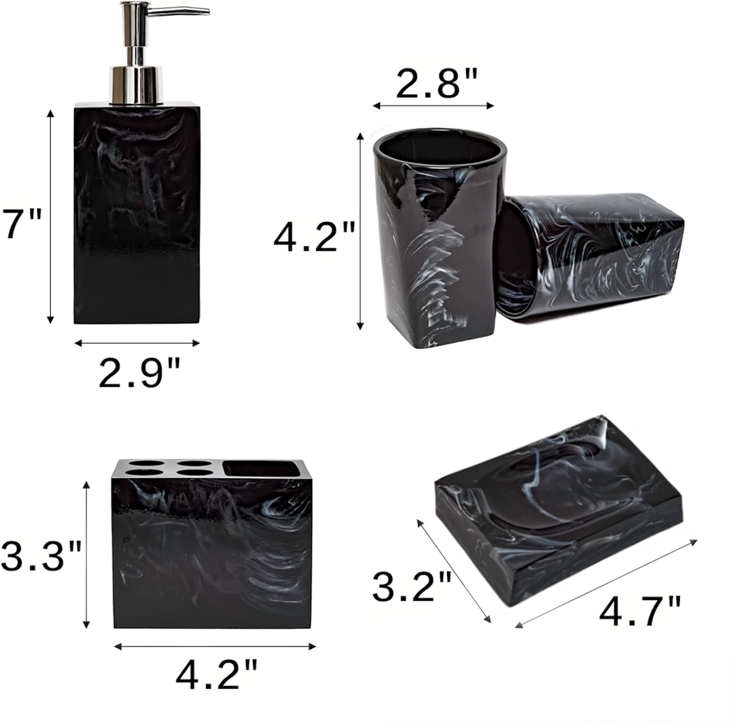 5-Piece Bathroom Counter Top Accessory Set - Dispenser for Liquid Soap or Lotion, Soap Dish, Toothbrush Holder and 2 Tumblers, Marble Pattern Resin (Ink Black)