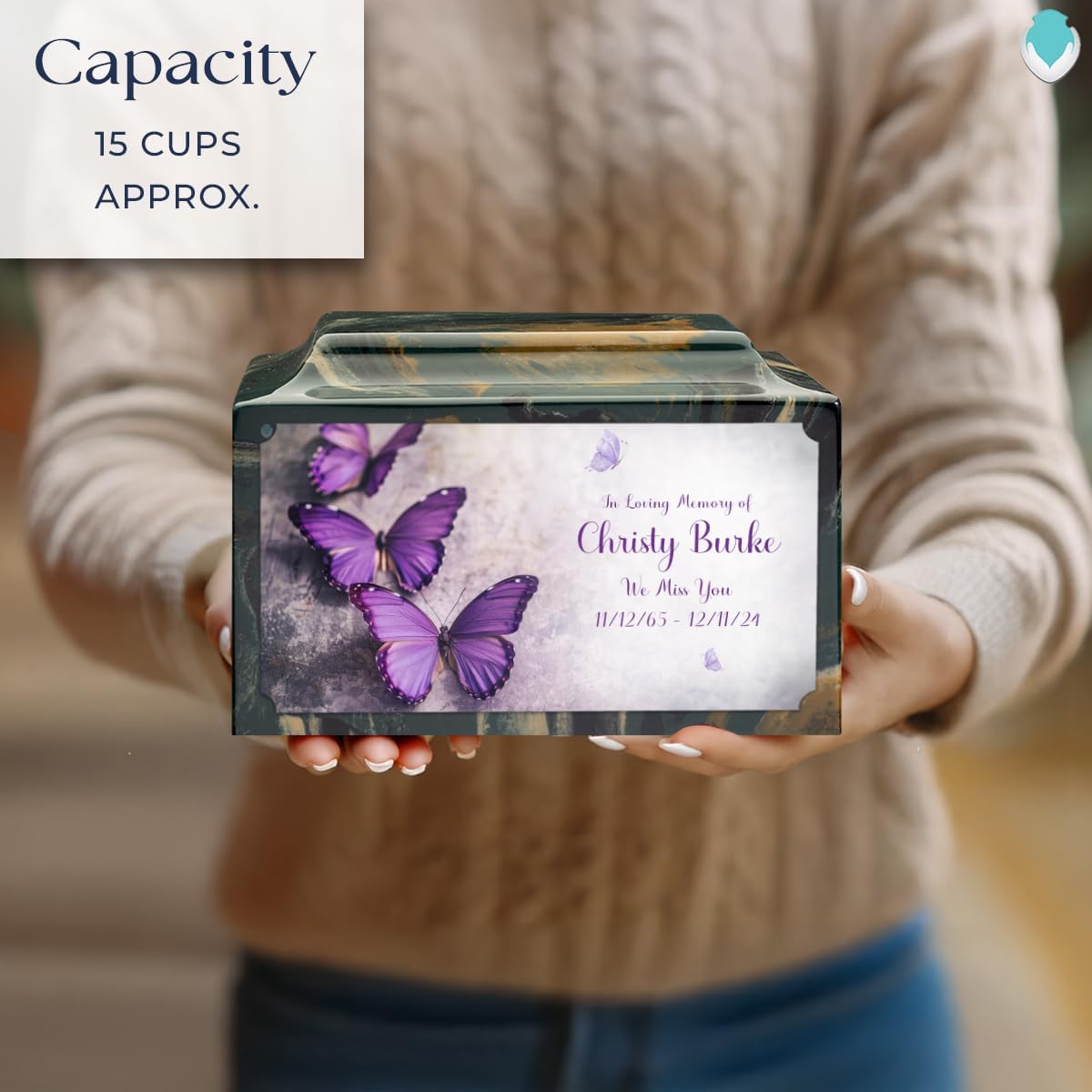 GetUrns Cultured Marble Urn Vault by Mackenzie with Personalized Butterfly and Text for Human Ashes I Camo Adult Urns for Male and Female I 210lbs