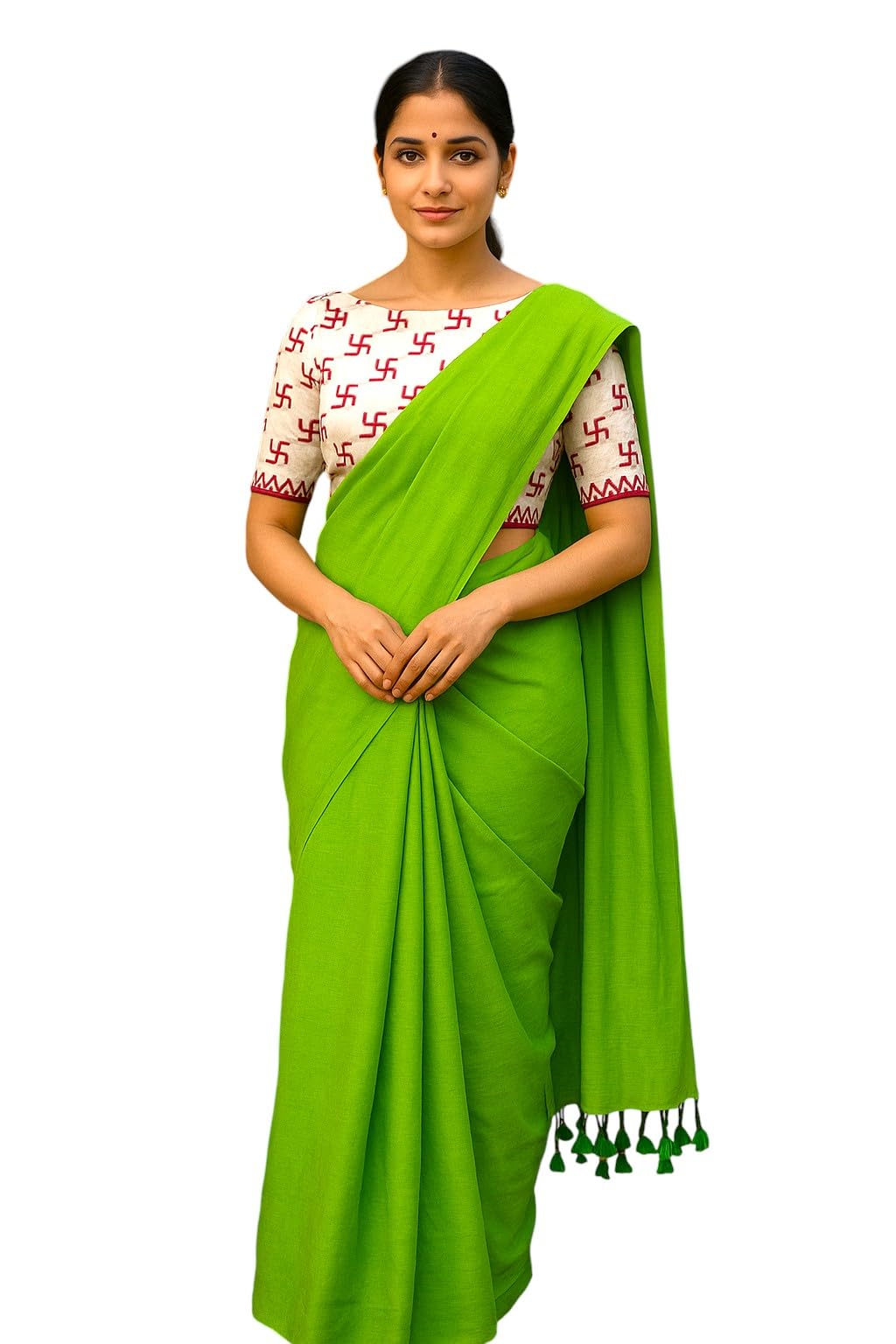 Smriti Handloom, Womens' Khadi Cotton Solid Saree with Kalamkari Blouse Piece-image-40