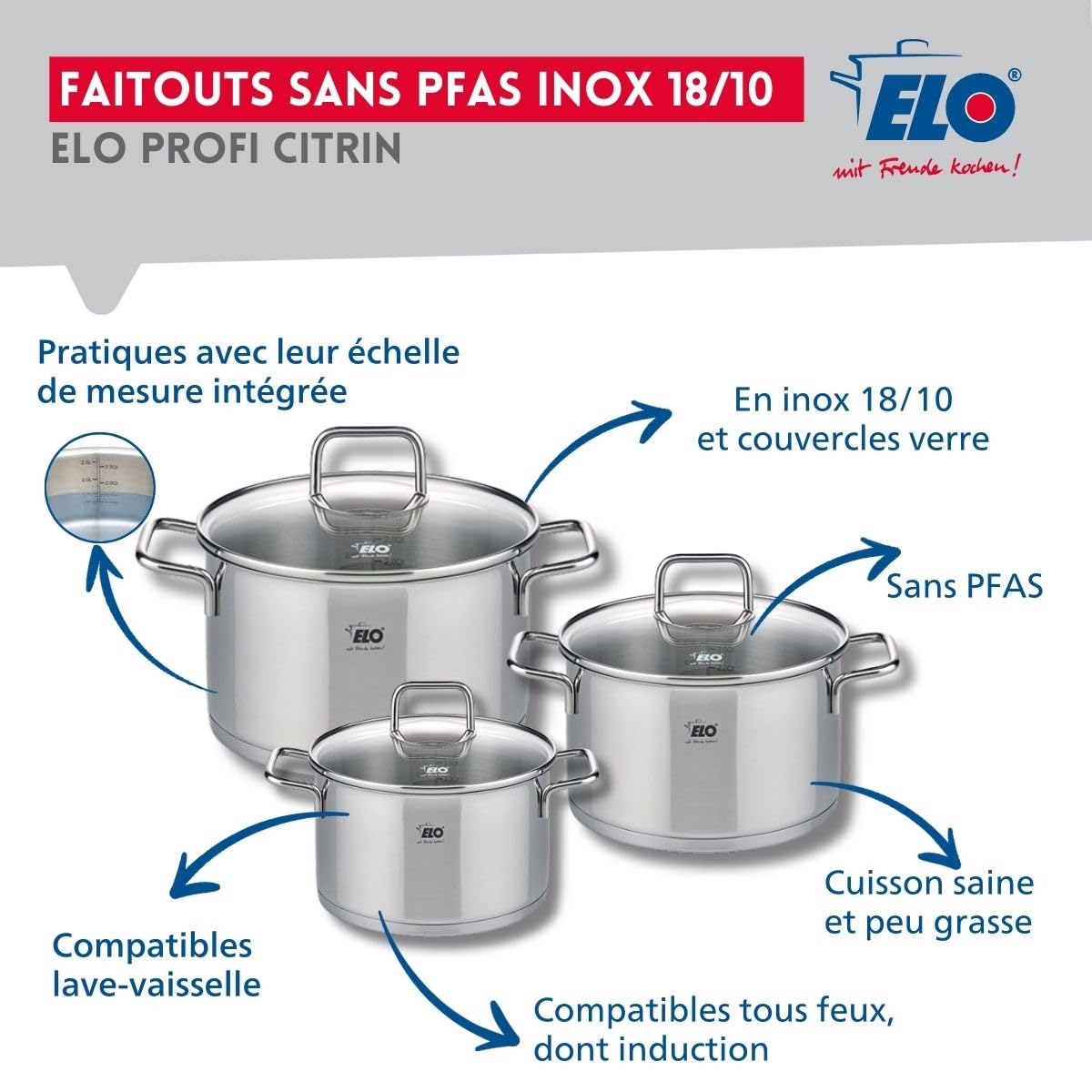 Elo Batterie cuisine 1 poêle 28 cm et 3 faitouts 14/16/20 cm
