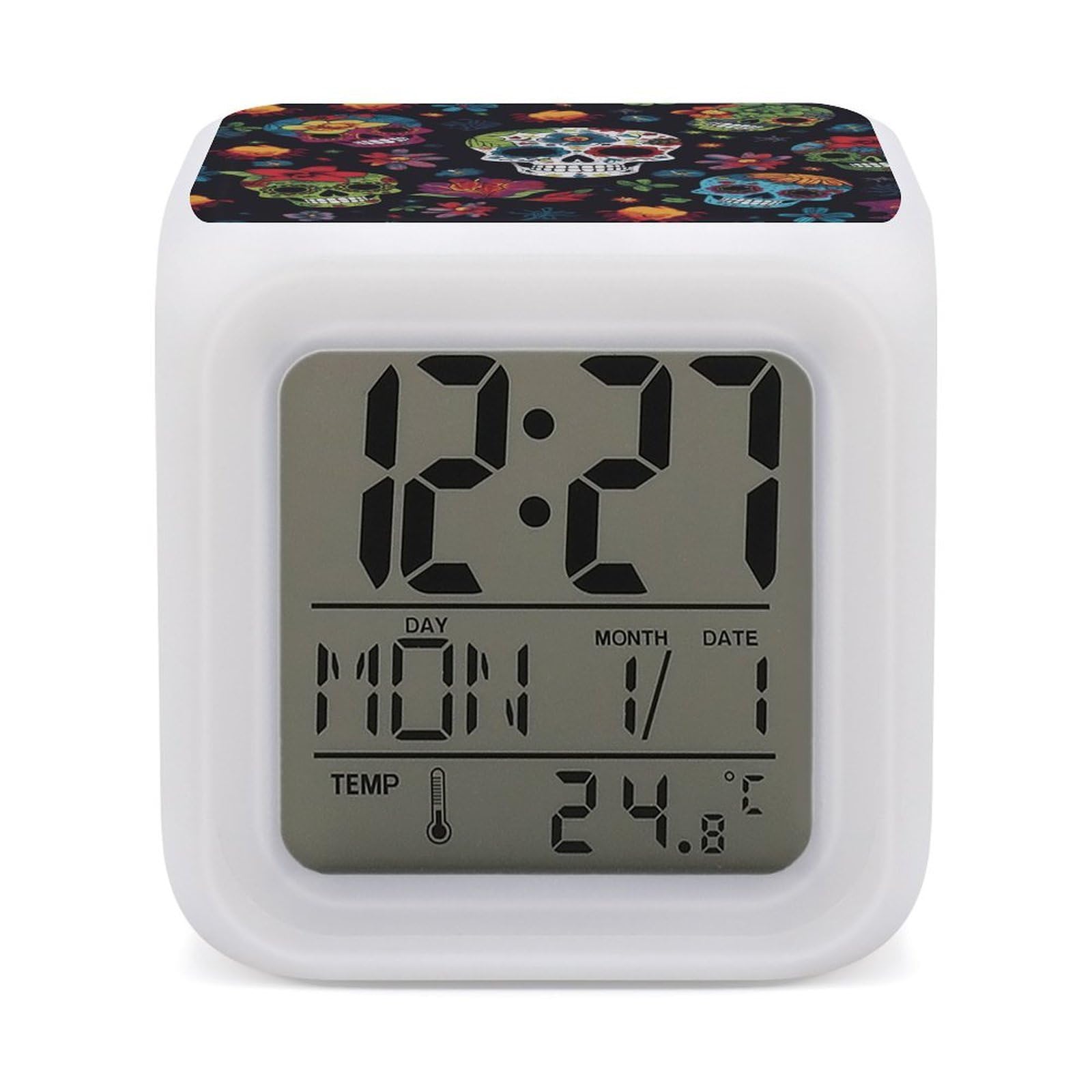 JTREHY Flower Cactus Sugar Skull Alarm Clock Digital Dimmable Clock for Bedroom LED Display Screen Mini Clocks 7 Color Dimmable Night Lights Time-to-Rise Alarm Clocks for Office Living Room