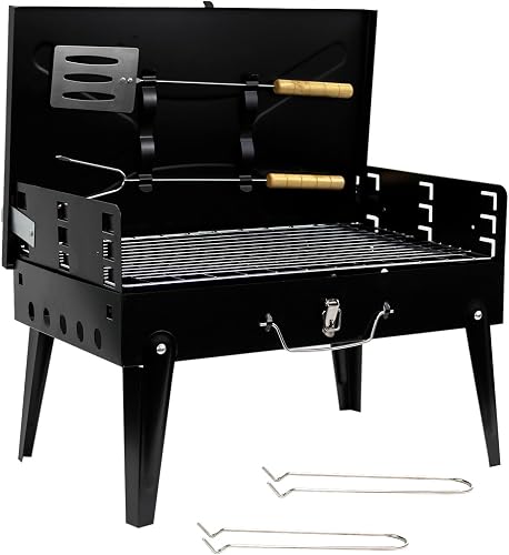 Crystals Portable Charcoal BBQ Grill, Foldable Stainless Steel Camping Barbecue with Tool Set, Small Travel Mini BBQ for Garden, Picnic & Outdoor Cooking, Black