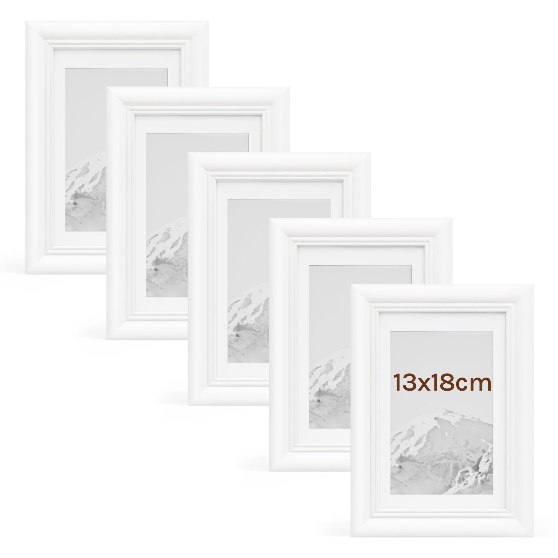 WOLTU Juego de 5 Marcos de Fotos de Madera Maciza 13x18 cm, Marcos de Foto para Pared o Mesa, Marco de Póster en Vertical y Horizontal para Decoracion, Blanco