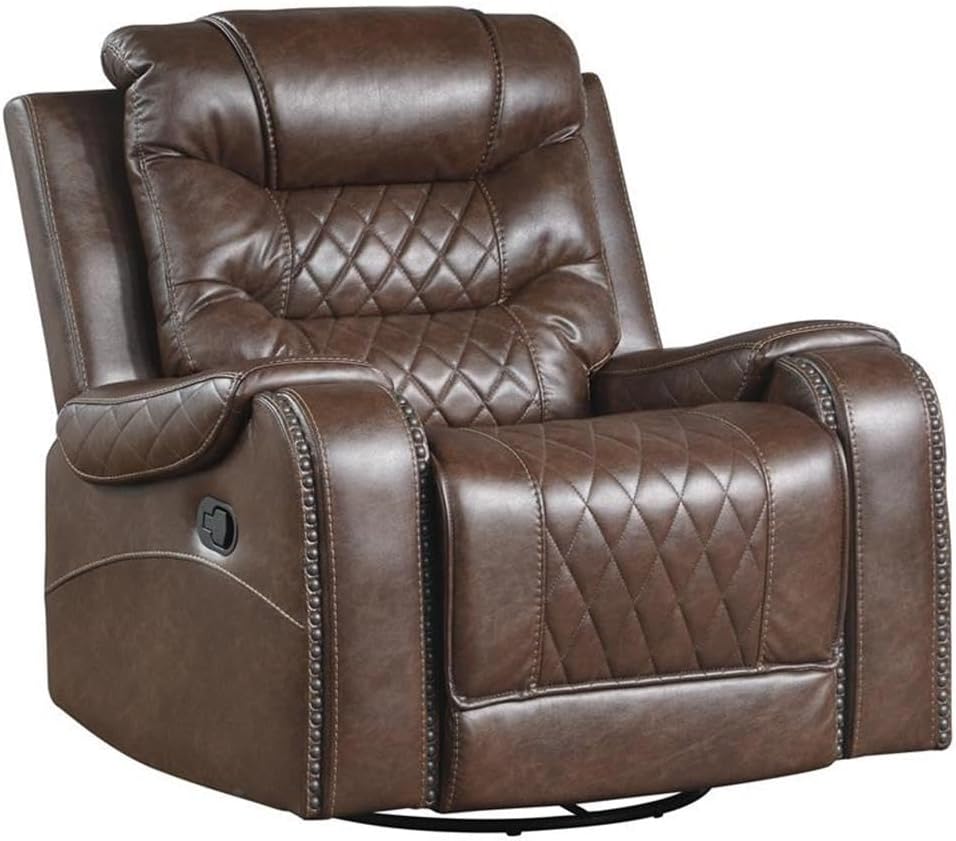 Pemberly Row Traditional Microfiber Recliner Swivel Glider Chair, 40.5" H x 39.75" W x 37.5" D, Polished Brown Finish, Nail Head Trim, High-Density Foam Seating, Living Room or Lounge Use
