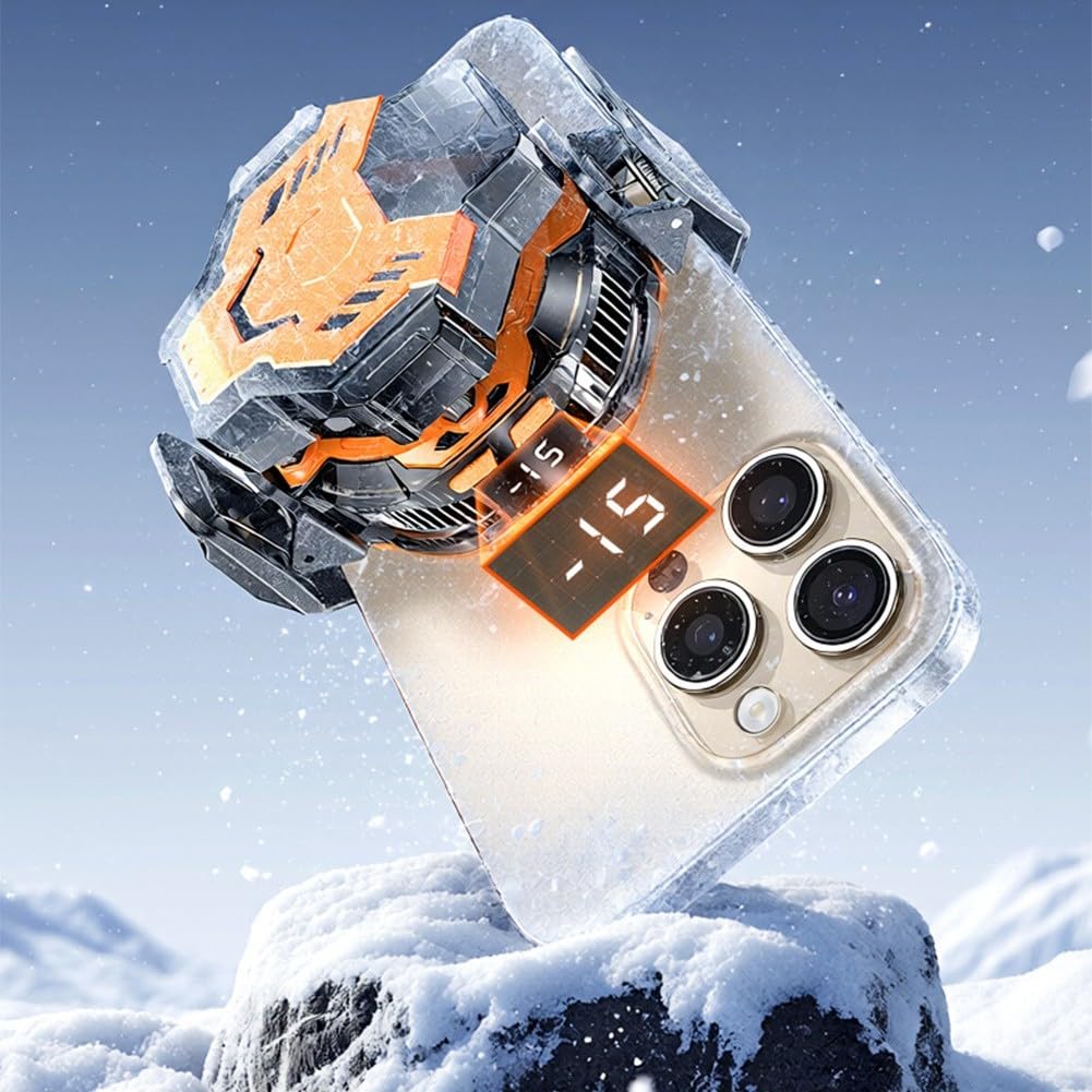 Magnetischer Handykühler mit 2000mAh Akku & LED-Anzeige, 15W Halbleiter-Kühlung für Gaming, Wiederaufladbar, Kompakt 62x62mm, Orange
